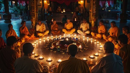 Obraz premium Devotees Lighting Candles for Vesak. In the warm glow of candlelight, devotees are seen lighting oil lamps during Vesak, creating a path of flame that signifies enlightenment and hope