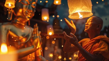 Monk Releasing Lantern During Vesak. A Buddhist monk releases a floating lantern into the twilight sky, an evocative symbol of release and hope, with a golden Buddha statue in soft focus - obrazy, fototapety, plakaty