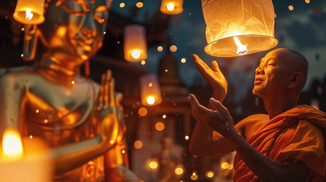 Monk Releasing Lantern During Vesak. A Buddhist monk releases a floating lantern into the twilight sky, an evocative symbol of release and hope, with a golden Buddha statue in soft focus