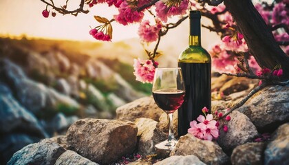 a bottle of wine sitting on top of a pile of rocks next to a tree with pink flowers on it generative ai - Powered by Adobe