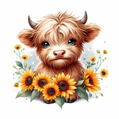 Illustration of a cute baby Highland cow with long hair and sunflowers