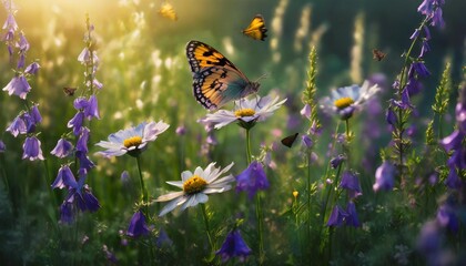 beautiful field meadow flowers chamomile and violet wild bells and three flying butterflies in...