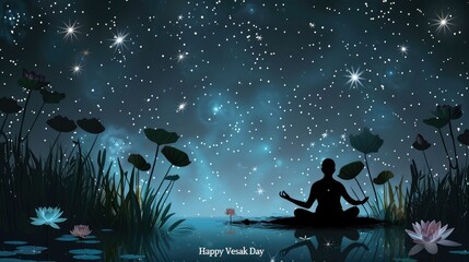 Vesak Day Illustration with Meditating Monk. A stylized illustration celebrating Vesak Day, with a monk meditating beside a serene lake filled with lotus flowers, evoking peace and spirituality