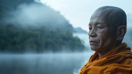 Contemplative Buddhist Monk by Water. A portrait of a Buddhist monk in traditional saffron robes, exuding calm and wisdom against a serene backdrop of mist and water. Vesak Day
