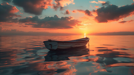 A small boat is floating on the water in front of a beautiful sunset