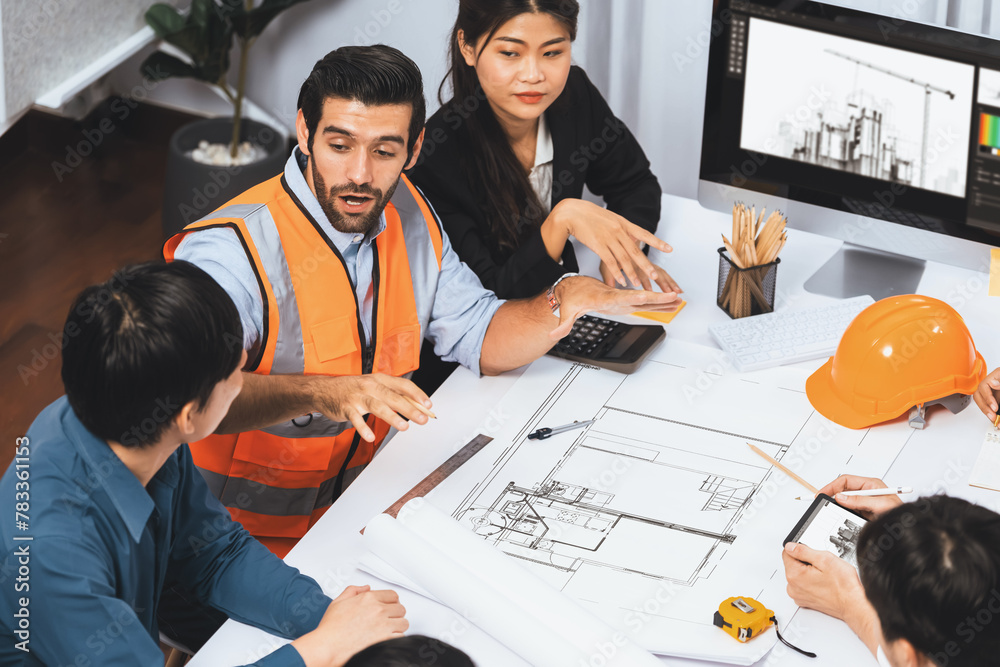 Poster diverse group of civil engineer and client working together on architectural project, reviewing cons