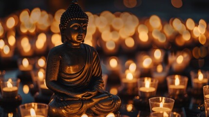 Buddha Statue Illuminated by Candles. A serene Buddha statue is dramatically illuminated by...