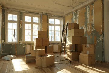 Cardboard boxes stacked to the ceiling in a freshly painted room, suggesting a recent renovation.