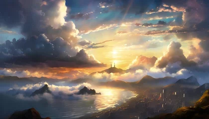 Fotobehang fantastic thick cloud sea sky above city land mountain fantasy backdrop concept art realistic illustration video game background digital painting cg artwork scenery artwork serious book illustration © Deanne