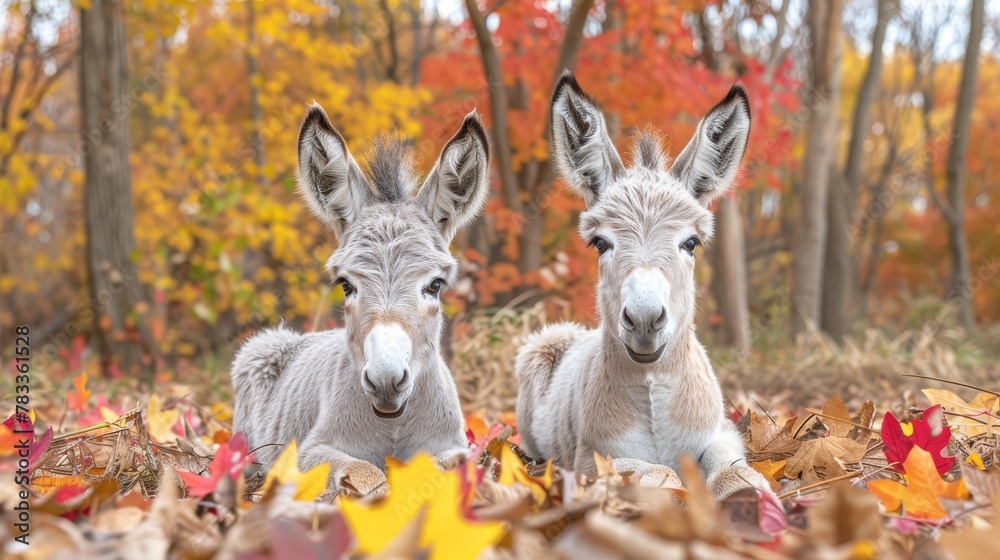 Canvas Prints a couple of small animals rest atop a mound of leaves near a dense forest teeming with numerous tree