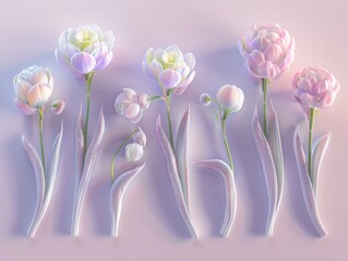 A serene and elegant display of tulips in various stages of bloom on a soothing pastel background.