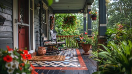 Rocking Chair and Potted Plants on Porch
