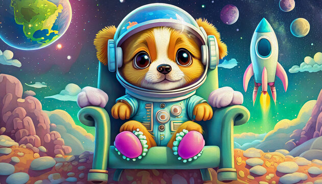 oil painting style CUTE BABY DOG Astronaut sitting in a lawn chair on the moon with earth rising over the horizon,