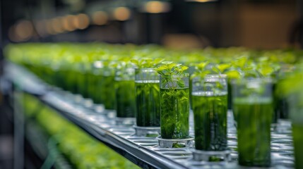 Row of Jars Filled With Green Liquid