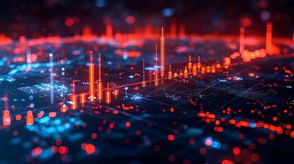Dynamic digital financial chart with glowing red dots and graph lines on dark high-tech grid. Conceptual design for stock trading analysis, blockchain technology, global finance. Abstract background