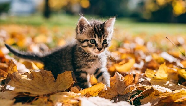 kitten playing in yellow autumn leaves