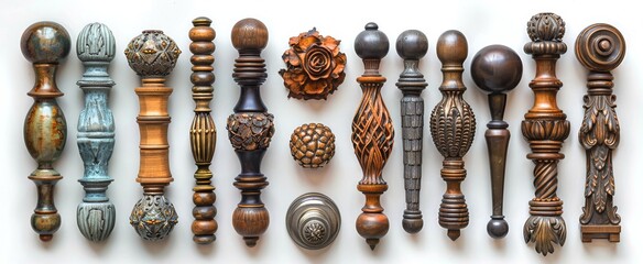 Collection of decorative furniture handles. Ornate metal knobs and pulls on white backdrop. Concept of cabinetry hardware, interior design variety, home fittings. Top view. Flat lay