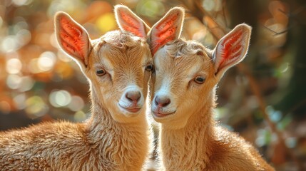   A couple of goats stand next to each other atop a forest teeming with numerous leaf-covered trees