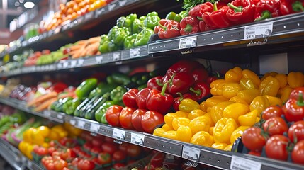 Colorful bell peppers and other vegetables on supermarket shelves. Assortment of fresh peppers in produce aisle. Concept of healthy eating, grocery shopping, fresh produce, and variety in diet.