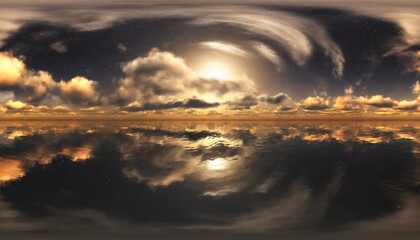 high resolution hdri map environment map for equirectangular projection at sunrise spherical panorama 3d background dark golden sky on alien planet over calm water with clouds and stars