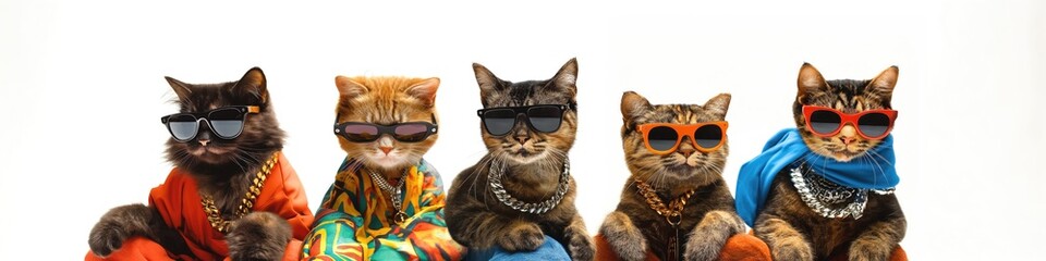 A group of gangster cats wearing sunglasses and accessories. - obrazy, fototapety, plakaty