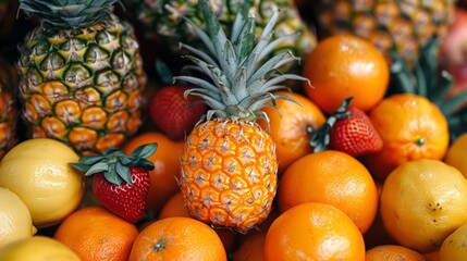 Assorted tropical fruits close-up. Pineapples, oranges, lemons, and strawberries. Concept of...