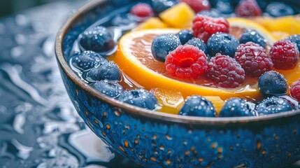 Fresh fruit dessert in a ceramic bowl with water droplets. Juicy blueberries and raspberries on a...