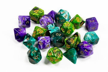 Various sets of role playing dice on a white background