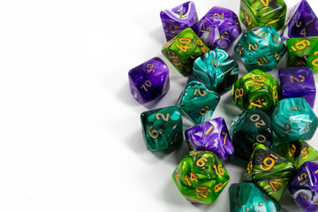 Various sets of role playing dice on a white background