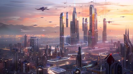 Futuristic cityscape with flying vehicles at sunset. Advanced urban skyline with high-tech transportation. Concept of sci-fi metropolis, future travel, innovative architecture, and skyline evolution. - obrazy, fototapety, plakaty