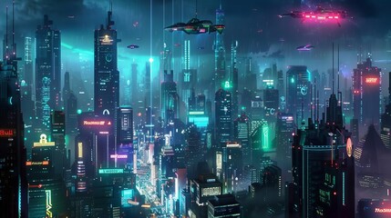 futuristic digital art illustration of a sleek cyberpunk cityscape at night with glowing neon lights towering skyscrapers and flying vehicles