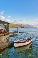 
Lake Ohrid, North Macedonia, April 13 2024. Mountain range and peninsula in distance. Ohrid Lake,...