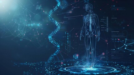 futuristic dna medical hologram with data analysis and human body scan science and technology concept digital illustration