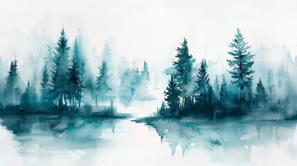 A painting of a lake surrounded by trees