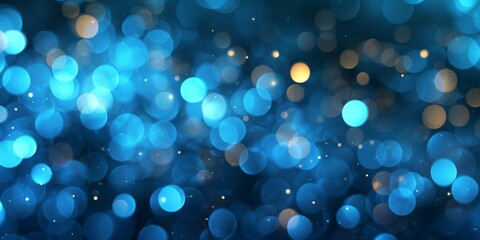 Banner image of blue blurred round lights on abstract bokeh background. Abstract background with bokeh defocused blue lights