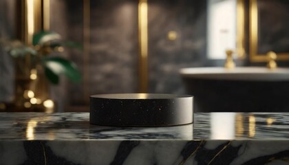 Fototapeta na wymiar empty marble podium in blurred bathroom to place your design