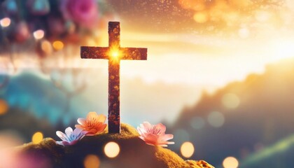 crucifixion of jesus christ abstract christian cross colorful banner easter and christian concept horizontal background copy space for text