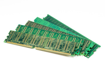 Closeup of five computer memory modules isolated on white background