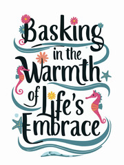 Seahorses flowers and starfish  ocean inspired color palette typography custom vector illustration