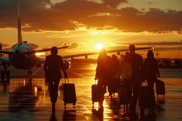 world civil aviation flight day. Passengers head towards their awaiting plane at sunset, a time of...