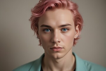 Portrait of a gay man, guy with curly pink hair, European appearance - obrazy, fototapety, plakaty