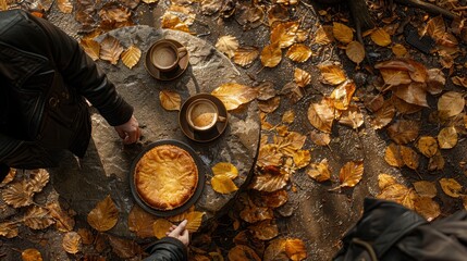   A table, topped with a pie, is situated next to cups and saucers The table beneath is adorned with a leaf-covered ground - obrazy, fototapety, plakaty