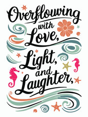 Seahorses flowers and starfish  ocean inspired color palette typography custom vector illustration