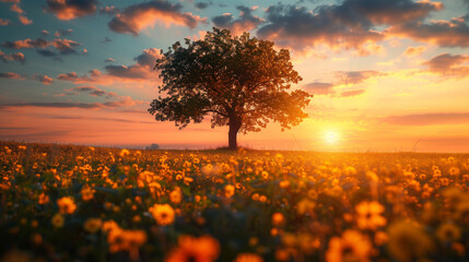 A tree stands in a field of yellow flowers