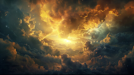 A sky full of clouds with a sun shining through them - obrazy, fototapety, plakaty