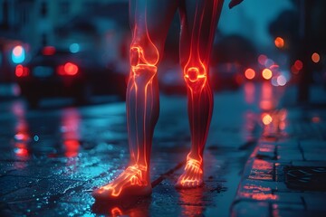 Illuminated Pain: A Glimpse into Knee Joint Discomfort. Concept Knee Pain, Joint Discomfort, Medical Conditions, Illumination Technology, Pain Relief - obrazy, fototapety, plakaty