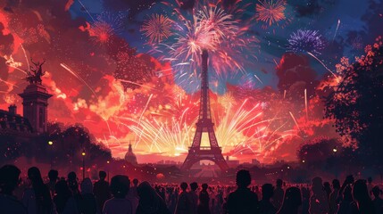 Bastille Day, A spectacular fireworks display illuminates the night sky above the Eiffel Tower, celebrating a festive occasion in Paris.
