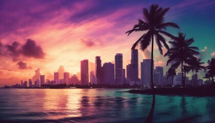 synth wave retro miami city landscape background at sunset digital illustration