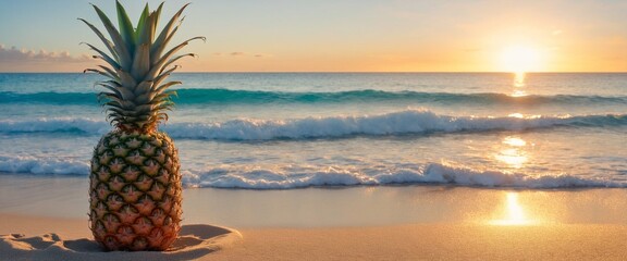 Pineapple on exotic sand beach at sunrise or sunset sea background. - obrazy, fototapety, plakaty