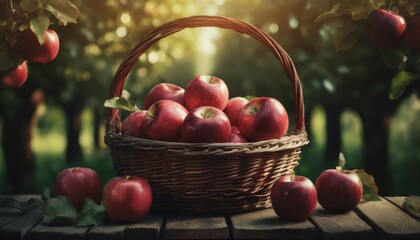 red apples in basket on table amidst sunny green orchard made with generative ai technology